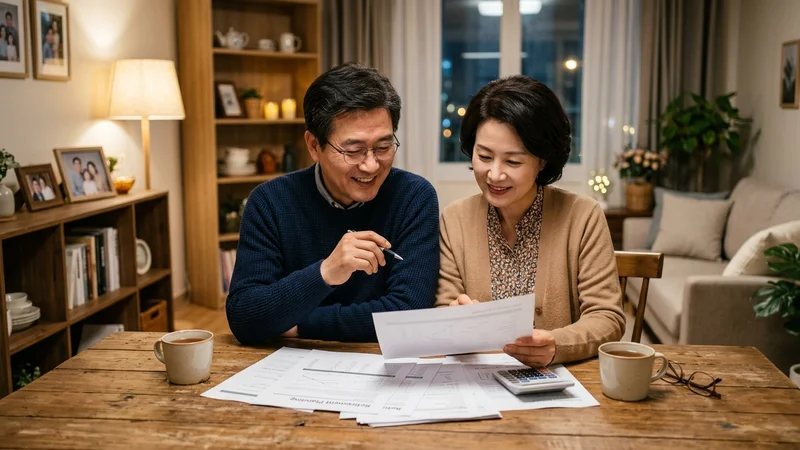 한국 중장년 부부가 거실에서 노후 연금 계획을 함께 검토하며 안도하는 모습