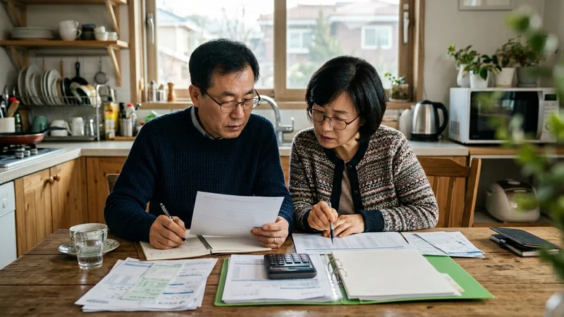 국민연금 이의신청 절차 안내 서류를 살펴보는 중장년 부부