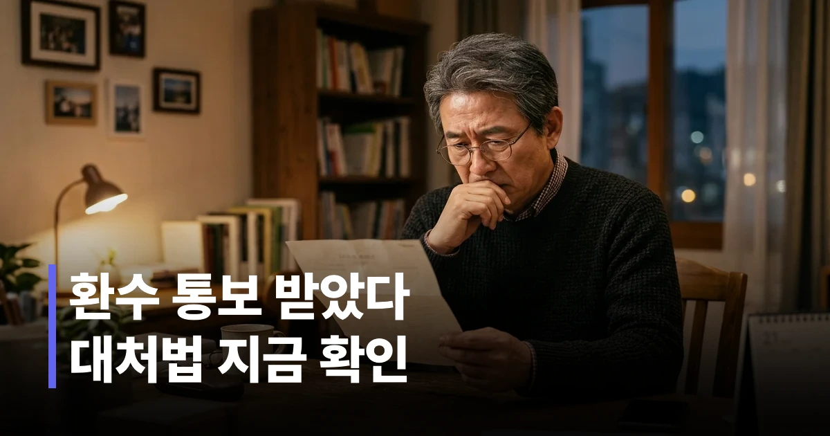 국민연금 과지급 환수 통보서를 받고 걱정스러운 표정으로 서류를 검토하는 50대 남성