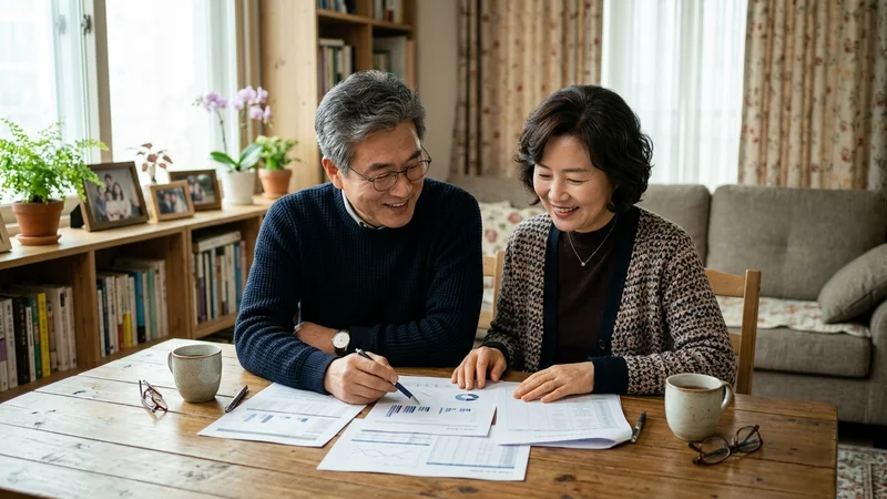 40~60대 부부가 거실 테이블에 앉아 노후 연금 수령액 변화를 함께 계산하는 모습
