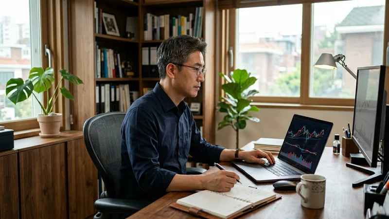 국민연금 자산배분 차트와 수익률 현황을 살펴보는 중장년 남성