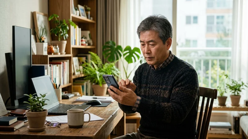 이메일 피싱 대처 방법을 스마트폰으로 확인하는 한국 중년 여성