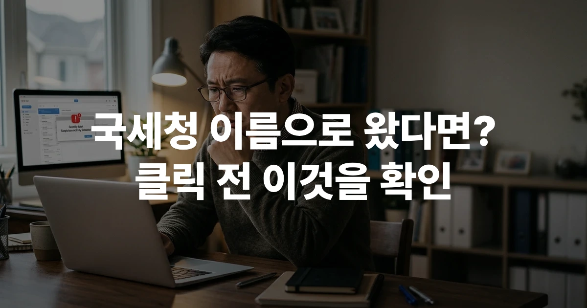 국세청 사칭 이메일을 확인하며 당황한 표정의 한국 중장년 남성