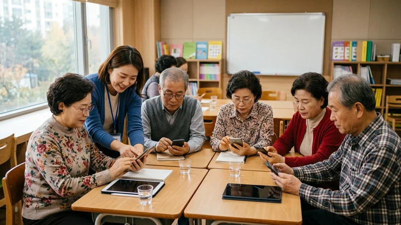 강사가 경로당에서 어르신들에게 스마트폰 사용법을 소그룹으로 가르치는 모습