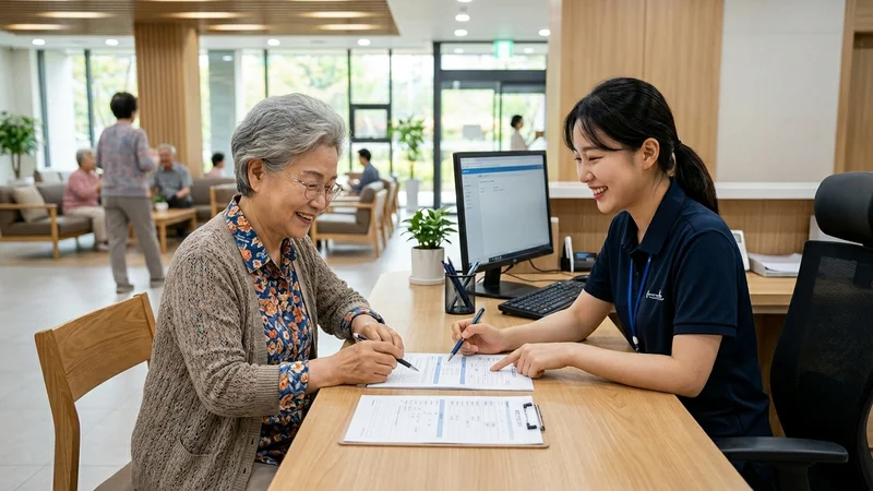 노인복지관 안내 데스크에서 회원 가입 서류를 작성하는 어르신