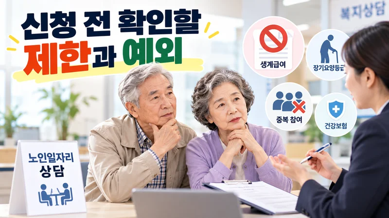 노인일자리 신청 전 급여 종류와 장기요양등급, 중복 참여 여부와 건강보험 자격을 확인하는 모습