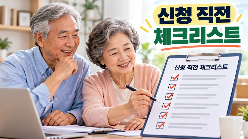 노인이 서류와 체크리스트를 살펴보며 모집기관에 문의할 준비를 하고 있다.