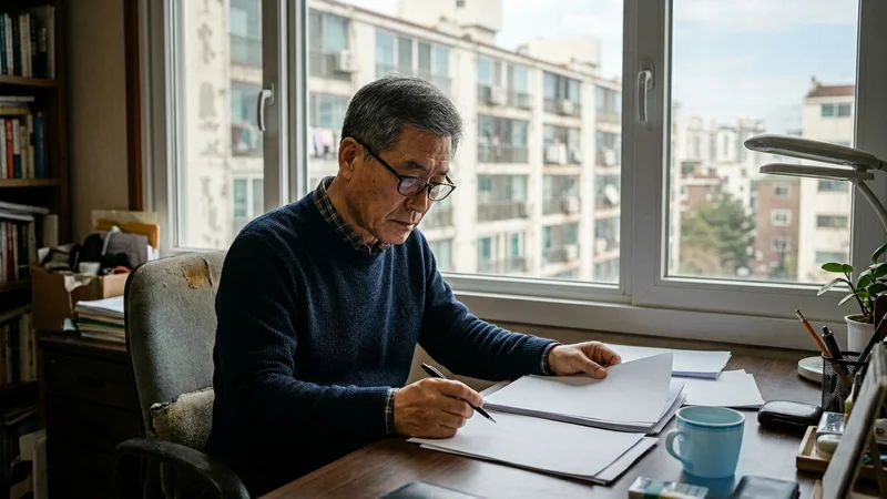 60대 남성이 거실 테이블에서 노후계획도시 선도지구 신청 서류를 꼼꼼히 검토하는 모습