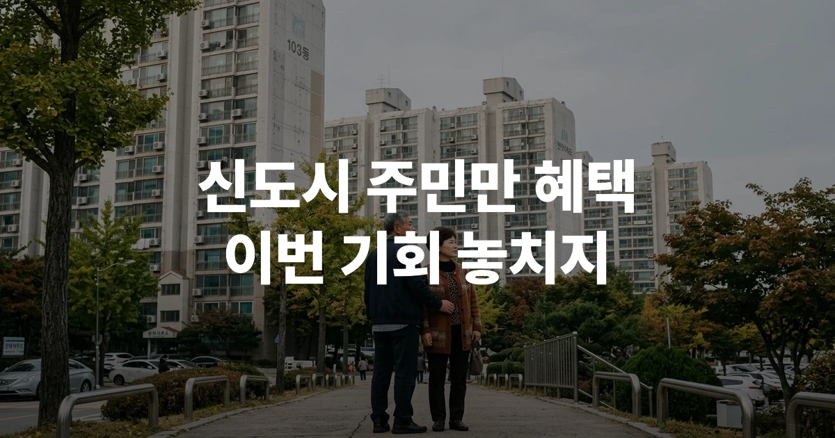 40~50대 부부가 오래된 아파트 단지 앞에 서서 재건축 계획을 논의하는 모습