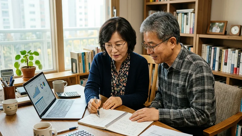 한국 중년 부부가 거실 소파에 앉아 노후 재정 계획을 함께 검토하는 모습