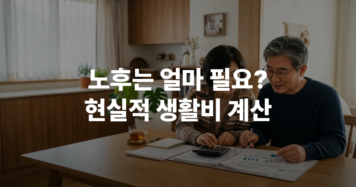 60대 한국 부부가 식탁에 앉아 가계부를 펴놓고 노후생활비를 계산하는 모습
