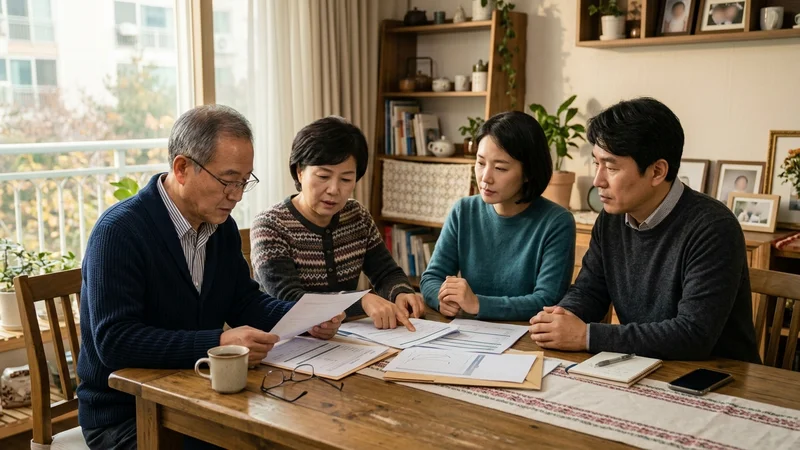 한국 가족이 거실 테이블에서 상속·증여세 관련 서류를 함께 검토하는 장면