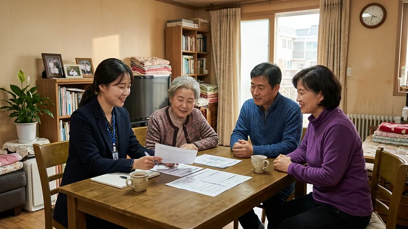 사회복지사가 암환자 가정을 방문하여 돌봄 서비스 신청 서류를 함께 안내하는 모습