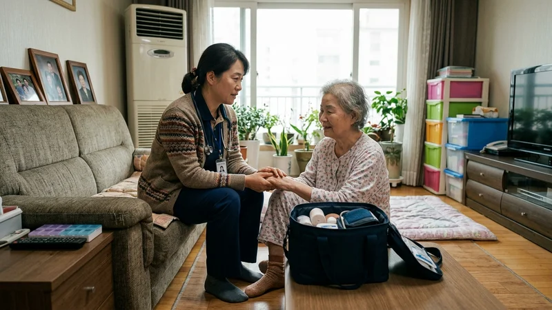 보건소 방문간호사가 가정을 방문해 암환자를 상담하는 장면
