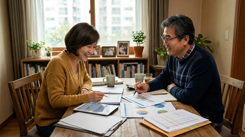 연금 계획을 세우는 한국인 부부가 투자 서류와 차트를 검토하는 재정 상담 장면