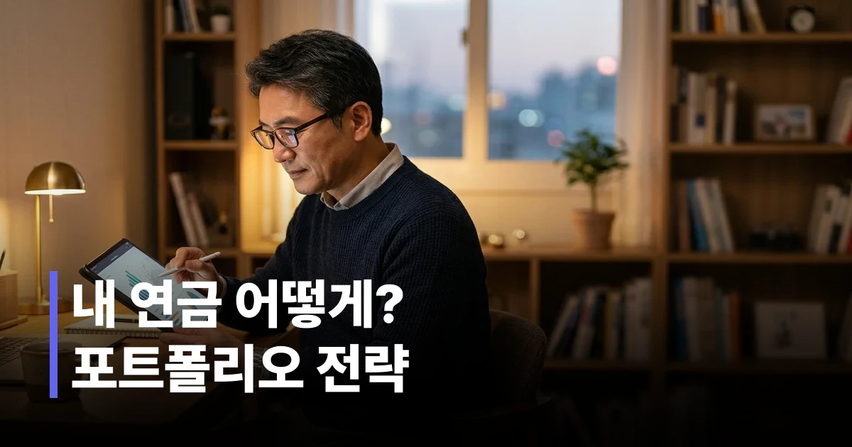 40~60대 한국인 남성이 태블릿으로 연금 포트폴리오 자산배분 차트를 분석하는 모습