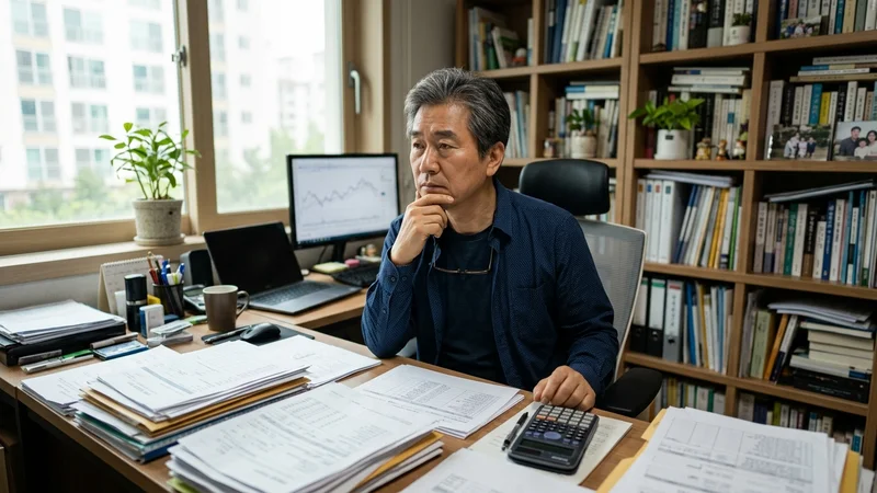 60대 한국 남성이 서재에서 연금 관련 서류와 계산기를 앞에 두고 고민하는 장면