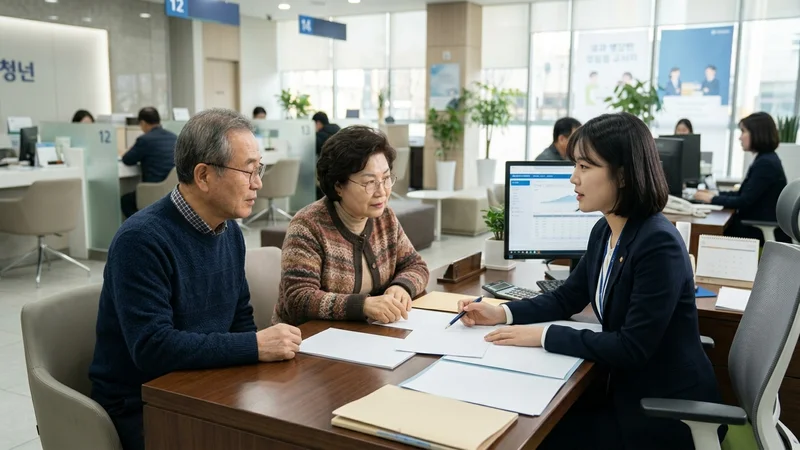 은행 창구에서 연금 담보 대출 상담 중인 시니어 남성