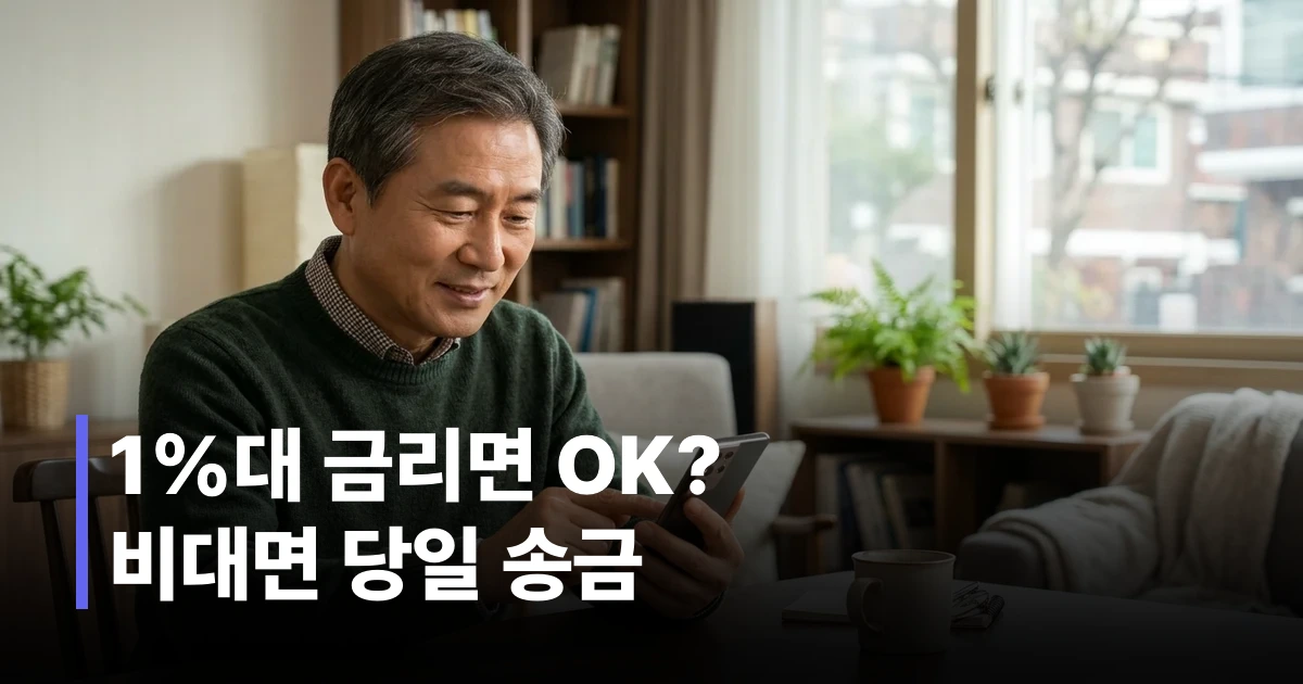 스마트폰으로 연금수급자 비대면 소액대출을 신청하는 50대 한국인 남성