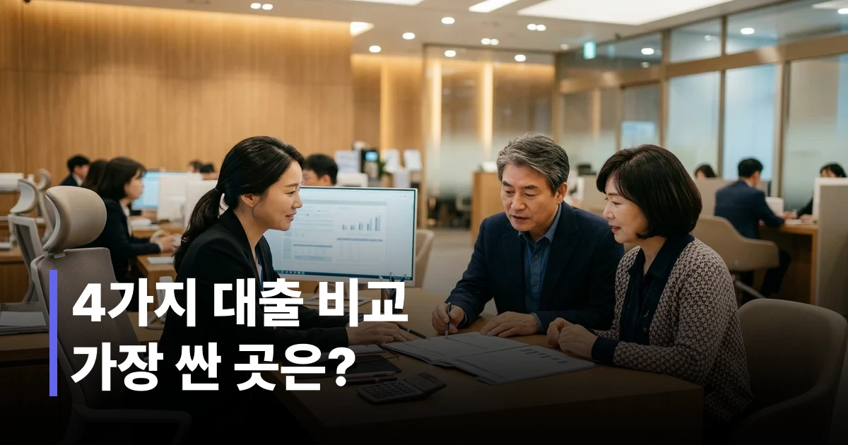 60대 한국 중장년 부부가 은행 창구에서 연금 저금리 대출 상담을 받는 모습