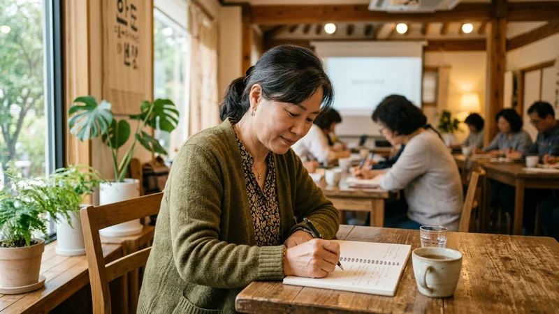 중년 여성이 차분하게 엔딩노트를 작성하며 웰다잉 교육에 참여하는 모습