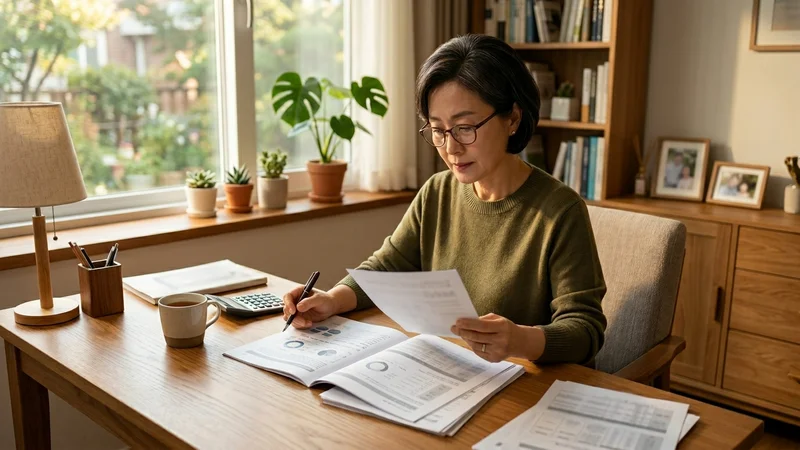 퇴직연금 및 국민연금 분할 청구 서류를 검토하는 50대 한국 여성