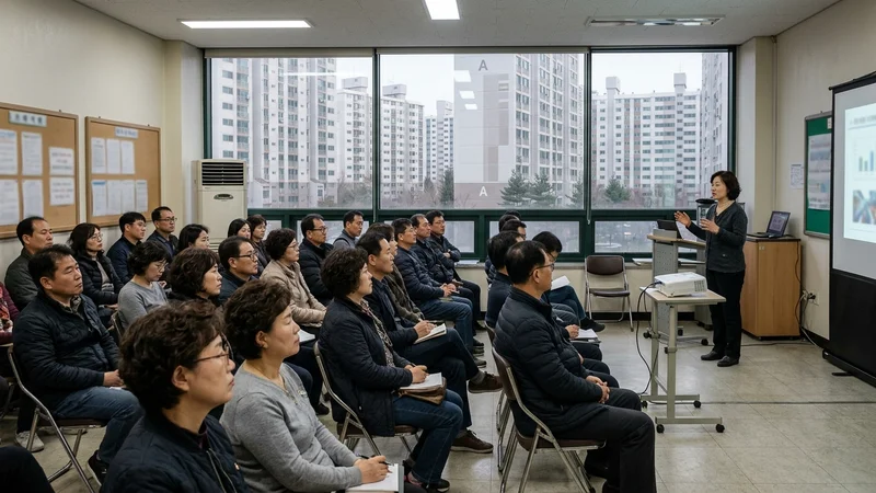 추진준비위원회 주민설명회에서 동의서 작성 절차를 안내받는 50대 인천 아파트 주민들
