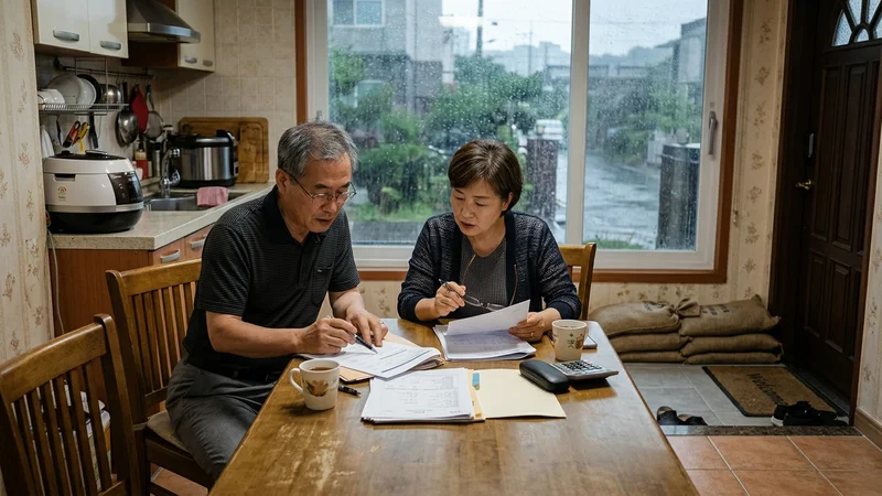 집 앞에 차수판을 점검하며 장마를 대비하는 한국 중장년 부부