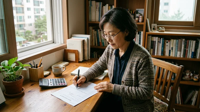 소득세 감면 신청서를 작성하는 40~60대 여성이 계산기와 서류를 앞에 두고 앉아 있는 모습