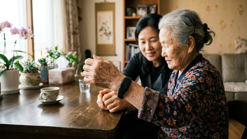 치매 노인의 손목에 착용된 GPS 배회감지기 기기