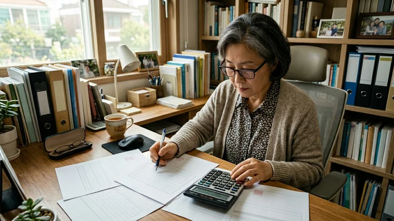 기초연금 신청 서류를 준비하는 한국 중년 부부