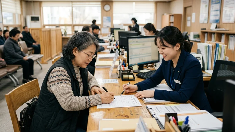 중장년 여성이 주민센터 창구에서 고유가 피해지원금 신청서를 작성하는 모습