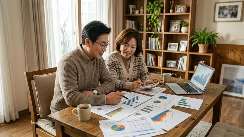공무원연금 기금 포트폴리오 자산 배분 현황을 살펴보는 중년 부부
