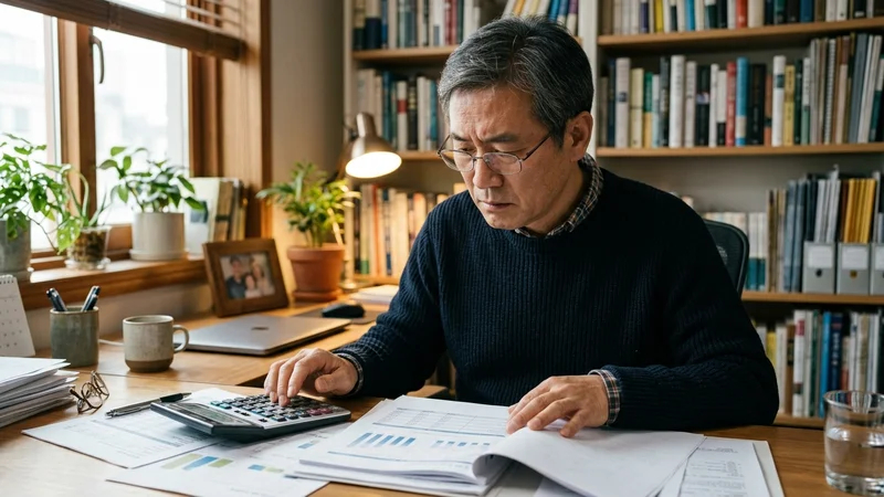 미국 소셜시큐리티 은퇴 연금 서류와 계산기를 앞에 두고 노후 계획을 검토하는 한인 중년 남성