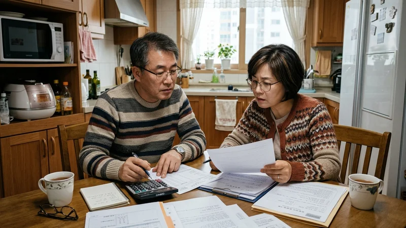 종합부동산세 관련 서류와 계산기를 앞에 두고 대화하는 40대 한국 부부