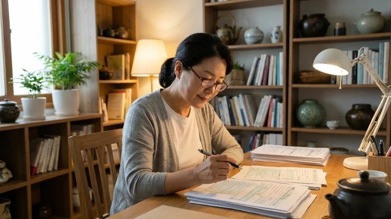 근로복지공단에서 유족급여 신청 절차를 안내받는 40~50대 유족의 모습