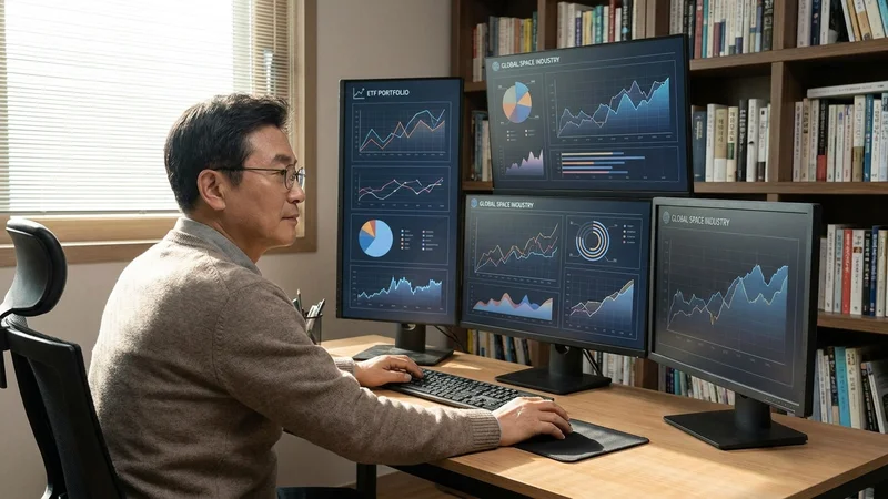 국내 증권사 앱으로 스페이스X 관련 ETF 포트폴리오를 분석하는 40대 한국인 투자자