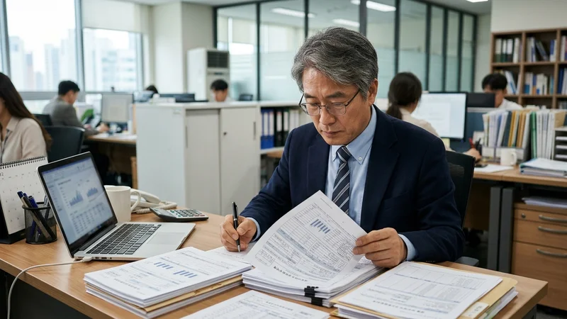 사무실 책상 위에 놓인 주식 투자 서류와 세금 관련 문서를 검토하는 50대 한국인