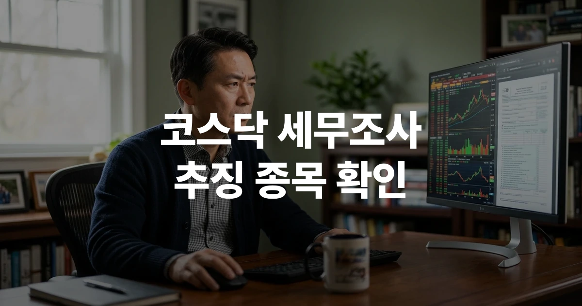 40대 한국 남성이 컴퓨터 화면에서 코스닥 세무조사 추징 공시를 확인하고 있는 모습