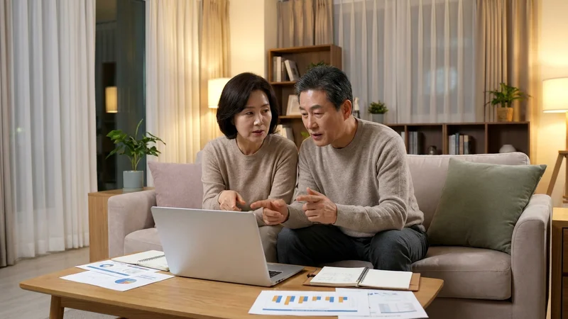중년 부부가 거실 소파에서 노트북으로 연금저축 세액공제 계획을 함께 살펴보는 모습