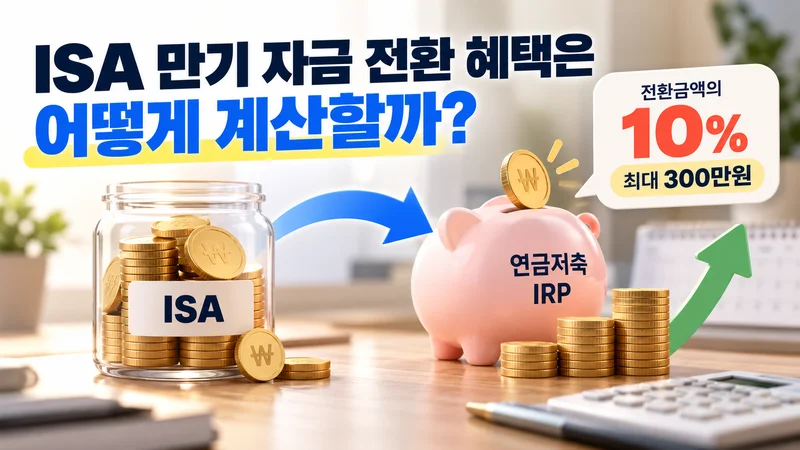 ISA 만기자금이 연금계좌로 옮겨지고 전환액의 10%, 최대 300만원이 추가 공제 한도로 표시되어 있다.