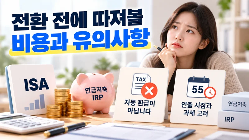 한 사람이 세금 자료와 연금계좌 서류를 살펴보며 전환 조건을 확인하고 있다.