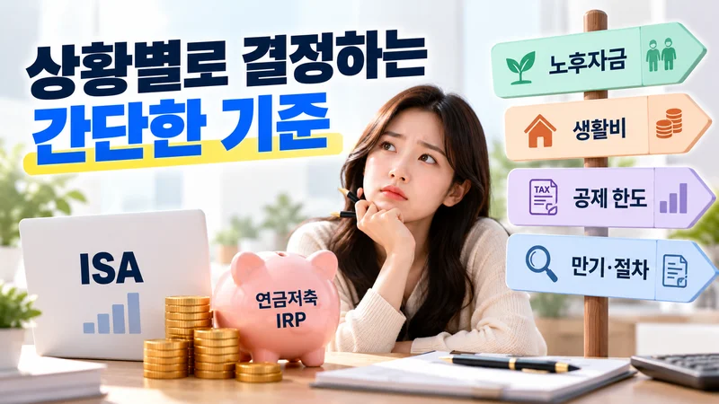 만기 자금의 용도와 세액공제 한도, 계약 만료일, 입금 완료일을 기준으로 ISA 전환 여부를 판단하는 표.