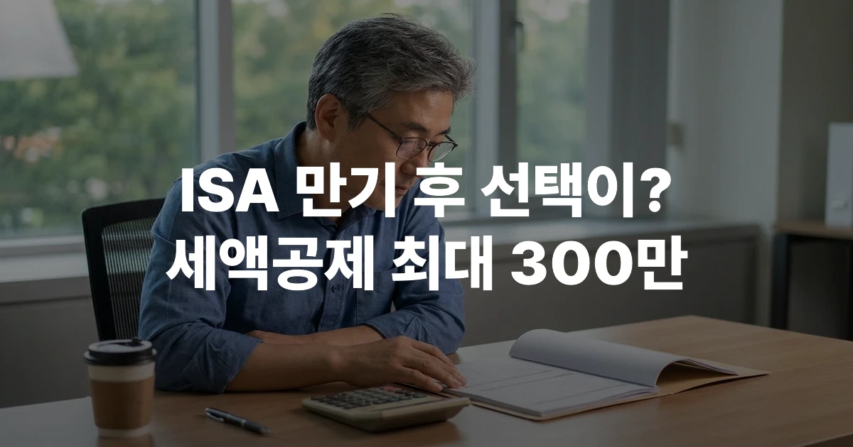 40~60대 한국인 남성이 책상에 앉아 ISA 만기 연금저축 전환 서류와 계산기를 검토하는 장면