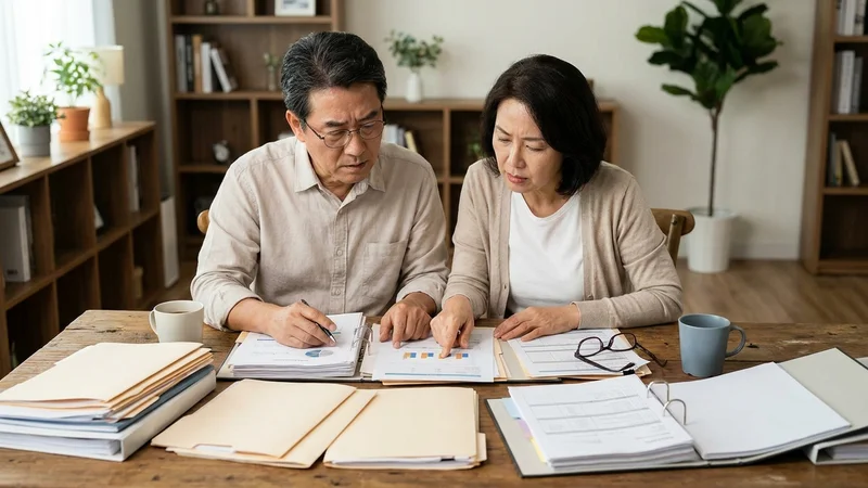 건강보험 관련 서류를 꼼꼼히 검토하는 40대 한국인 부부