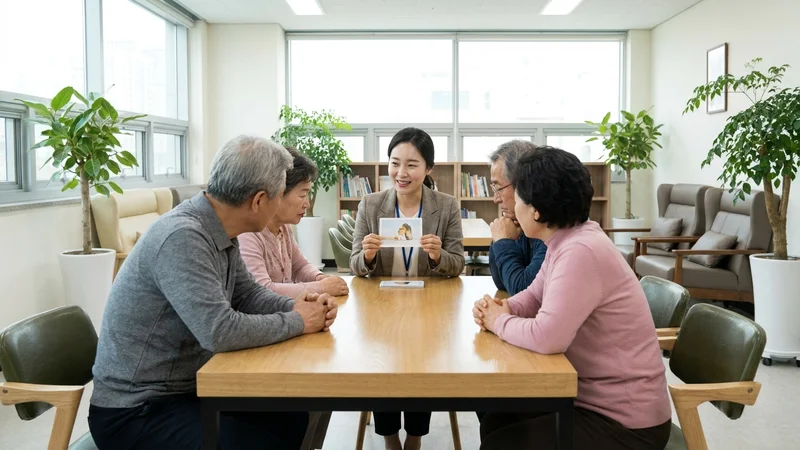 한국 노인이 밝은 복지관에서 인지훈련 그룹 활동에 참여하며 집중하는 모습