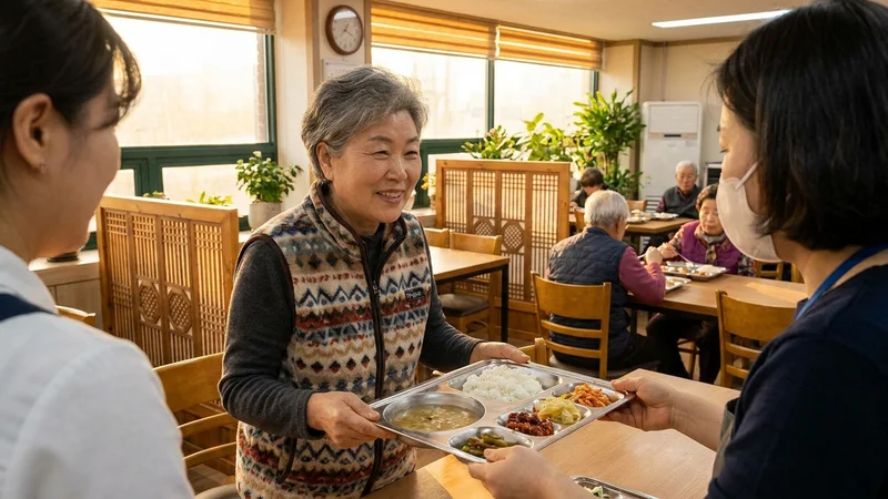 주민센터 복지 담당 창구에서 노인 복지 서비스를 상담하는 60대 어르신