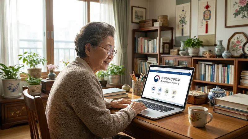 중장년 여성이 집에서 노트북으로 복지로 홈페이지에 접속해 노인 구강검진을 신청하는 모습