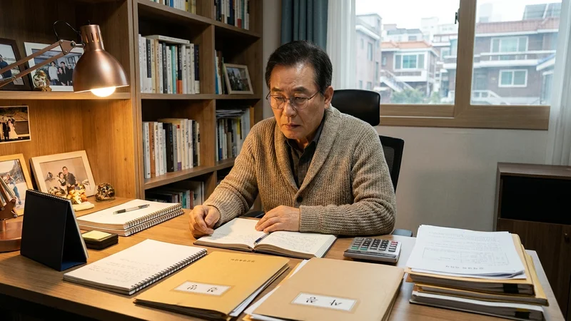 노후 자금 계획표와 연금 통장을 앞에 두고 고민하는 60대 한국인의 모습