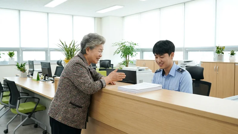 주민센터 복지 창구에서 담당자가 노인 복지 서비스를 안내하는 모습